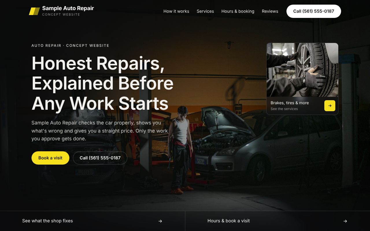 Homepage of the Sample Auto Repair landing page example